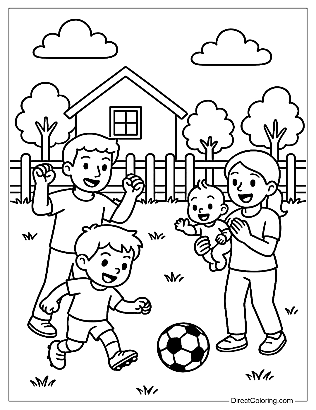 Coloring page of parents and children cheering on their children playing soccer in the garden.